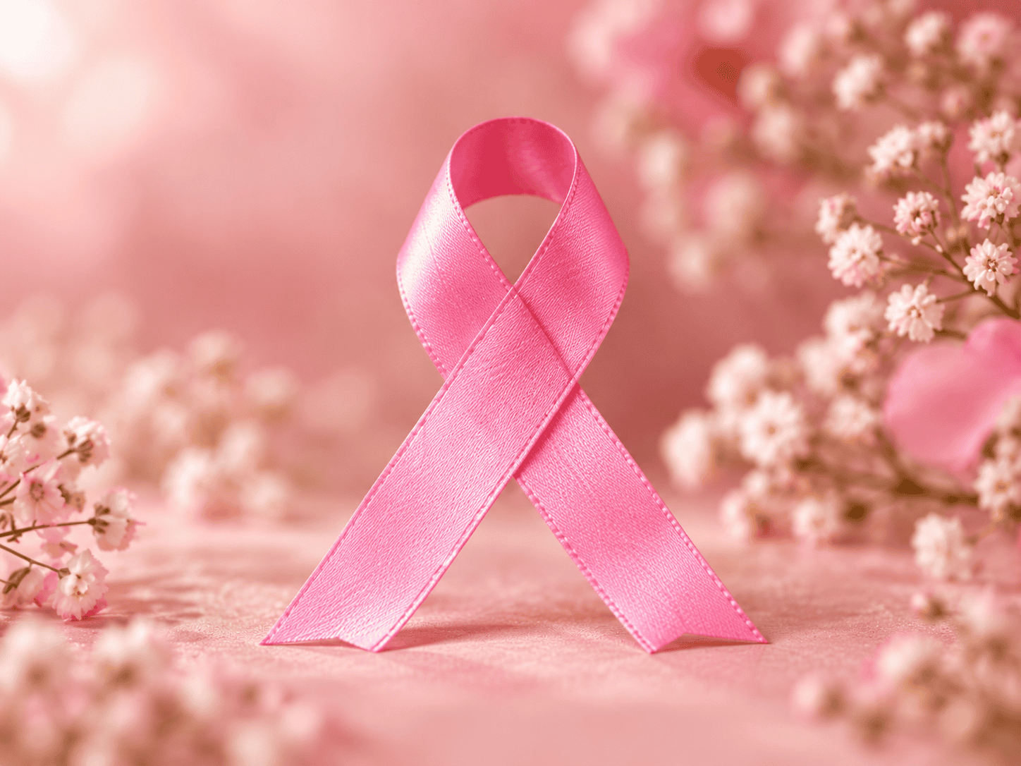 Pink breast cancer awareness ribbon on a soft blush background