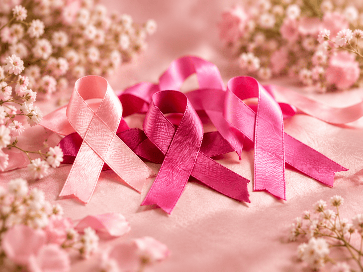 Beautiful arrangement of pink ribbons representing breast cancer awareness and solidarity